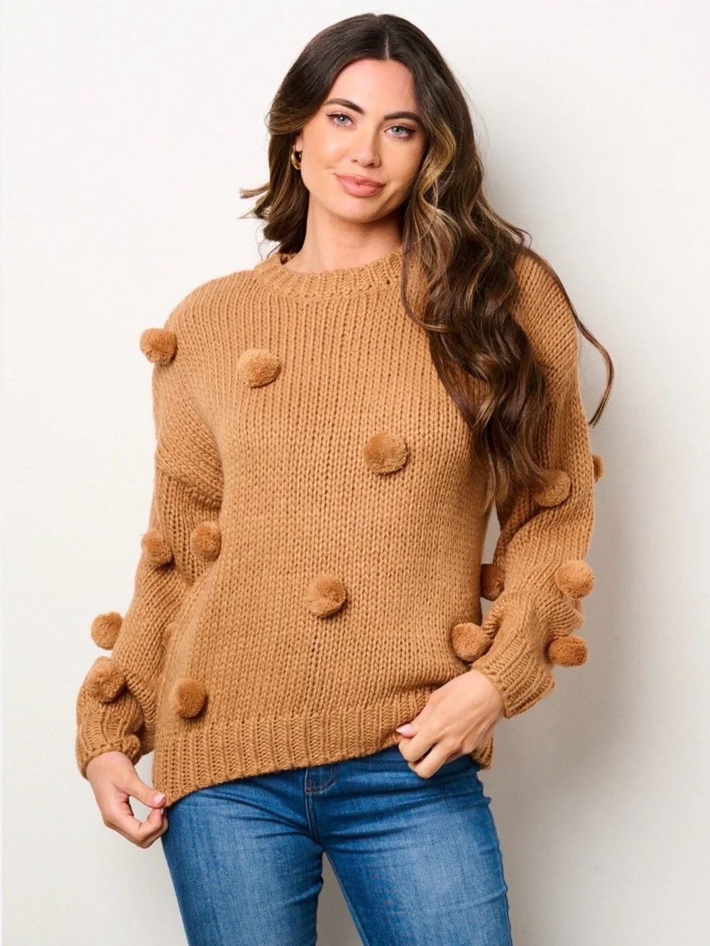 NWT New in Pom-Pom Crewneck Sweater in Camel
